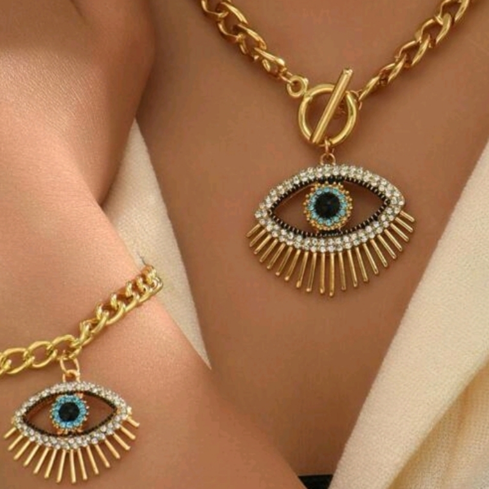 Piper K  14k Goldplated  Evil Eye Necklace and Bracelet Set